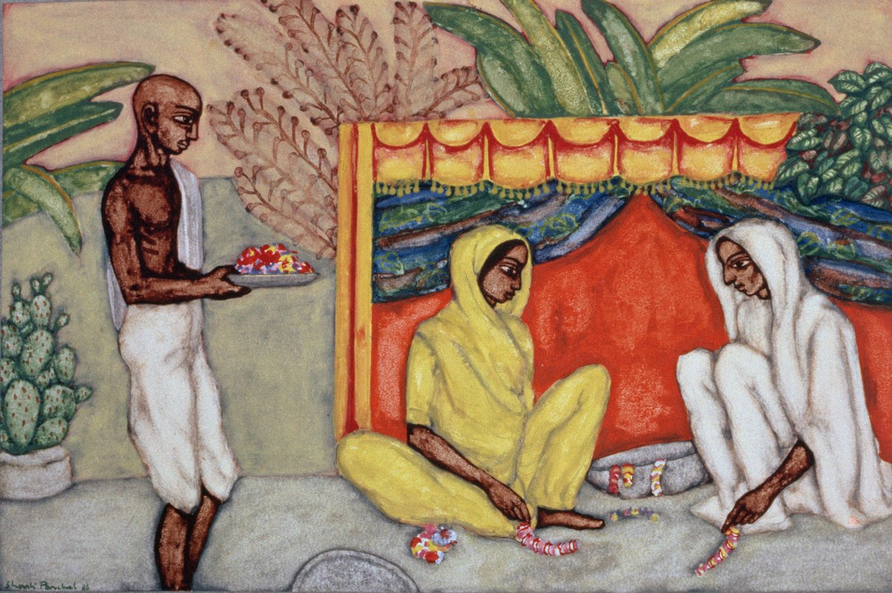 माला बनाना, 1986 (कागज पर wc) द्वारा शांति पांचाल