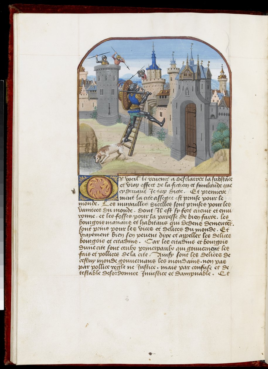 Ms.165 f.51v: ढाल और तलवार के साथ सैनिक एक स्केलिंग सीढ़ी चढ़ते हुए, हेसिन या वेलेंकिनीज़ से, c.1465-68 (चर्मपत्र) द्वारा साइमन मर्मियन