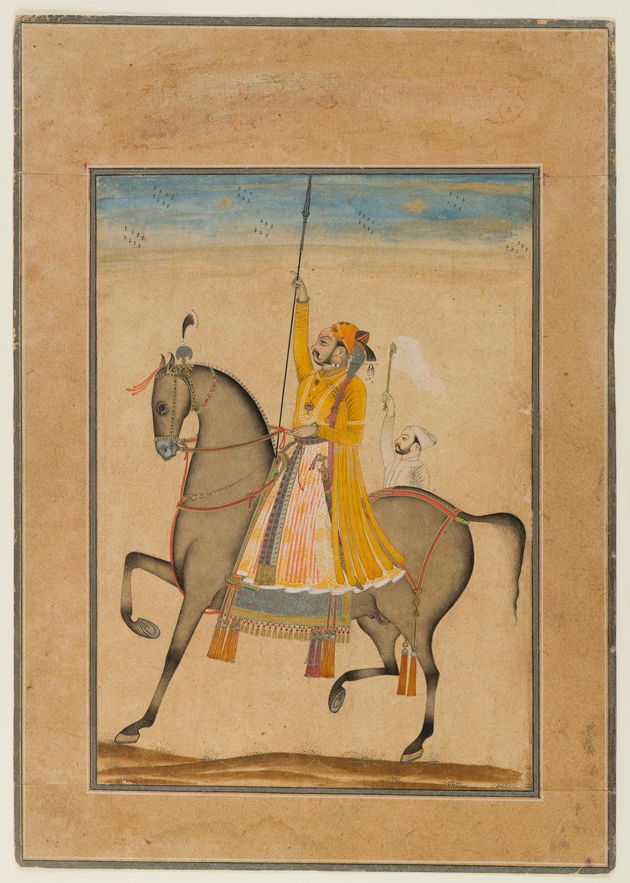 बीकानेर के महाराजा सुजान सिंह का अश्वारोही चित्रांकन, 1747 (कागज पर चांदी, सोना और चांदी) द्वारा मुहम्मद अतर का पुत्र। कसम से