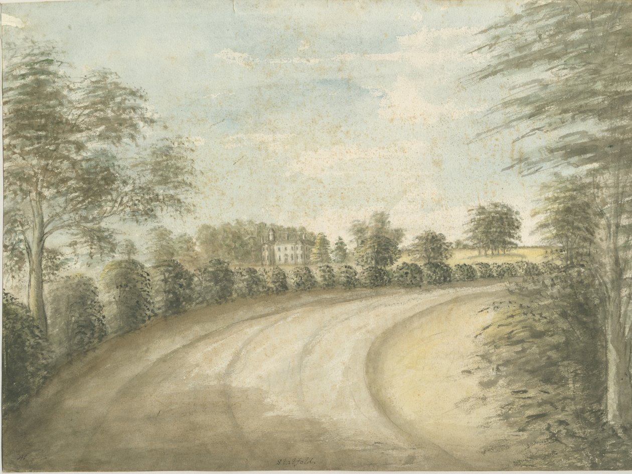 स्टेटफ़ोल्ड हॉल: वाटर कलर पेंटिंग, एनडी [1762-1802] द्वारा स्टीबिंग शॉ