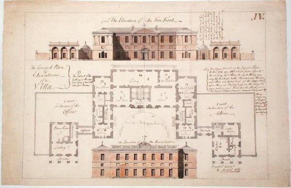 ग्राउंड प्लान और ऊंचे विला के लिए ऊंचाई, 1770 (ग्रेफाइट, पेन और स्याही और कागज पर वॉश द्वारा स्टीफन रिउ
