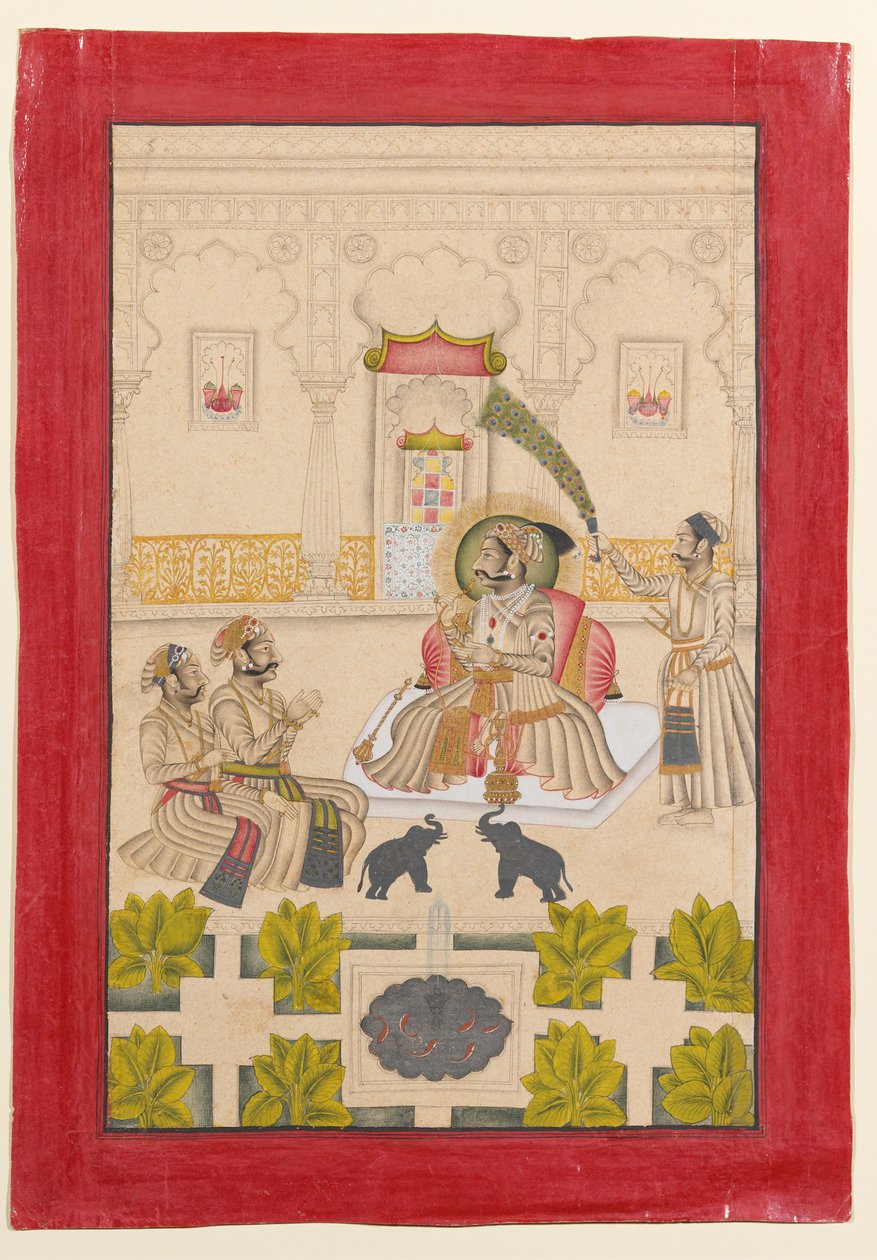 महाराणा अमर सिंह द्वितीय को दो रजत हाथियों के साथ दिखाया गया है द्वारा स्टिपल मास्टर