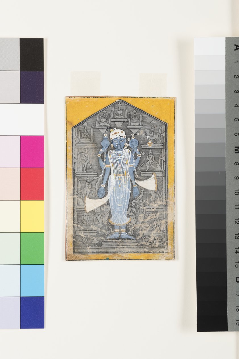 विष्णु की एक छवि, उनके अवतारों के आधार-राहत से घिरी, c.1780 द्वारा सूरधज नानग राम
