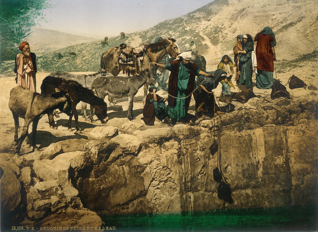 बेडौइन महिलाएँ पानी खींचती हैं, c.1880-1900 (फोटोक्रोम) द्वारा स्विस फोटोग्राफर
