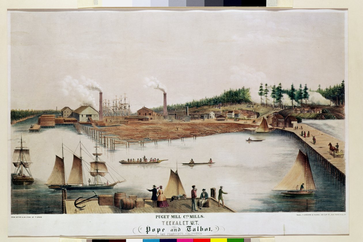 तेगेट, 1856 में पुगेट मिल कंपनी के लंबर मिल का दृश्य द्वारा टी। ग्रोब
