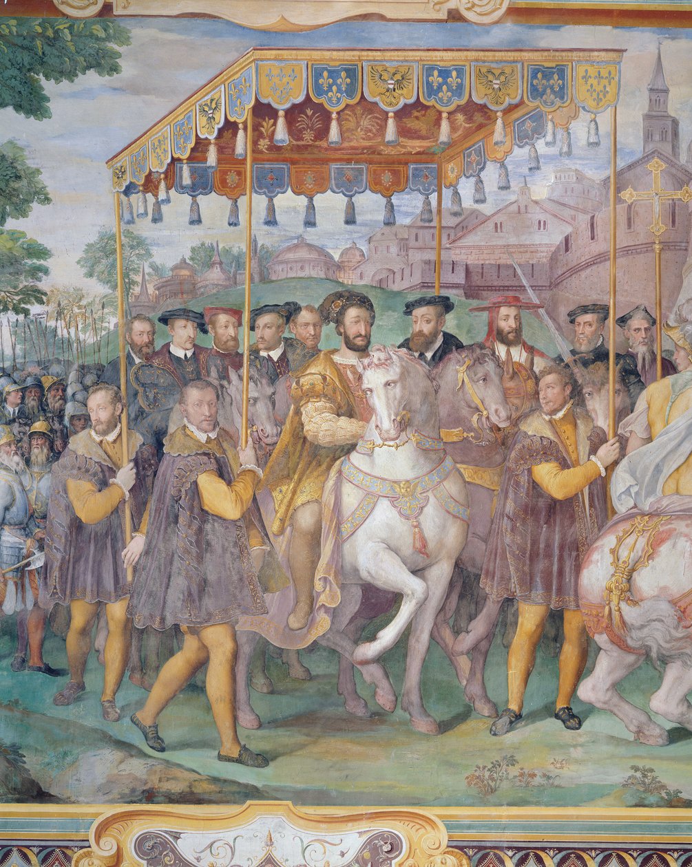1557-66 में सम्राट चार्ल्स पंचम, फ्रांसिस I और एलेसेंड्रो फ़ार्निस का सलेमीन प्रवेश, पेरिस से 1540 में, &39;साला देई फ़ाफी फ़ार्नसी&39; द्वारा फेडेरिको ज़ुकारो