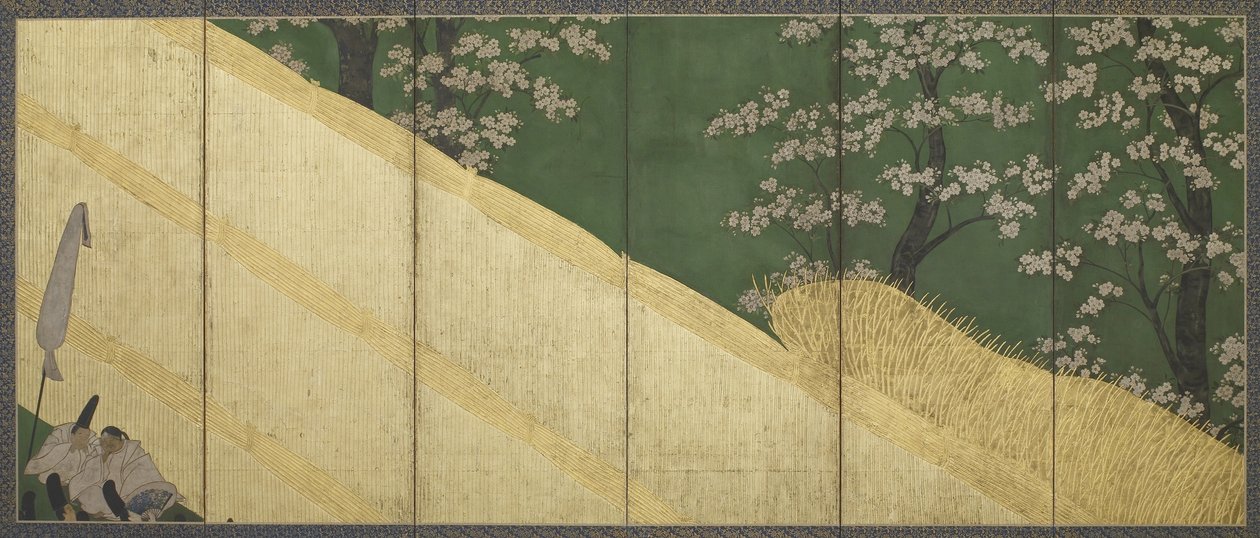चेरी ब्लॉसम, एक उच्च बाड़ और अनुचर, ईदो अवधि, 1590-1640 (कागज पर रंग का सोना द्वारा तवरया सोतात्सु