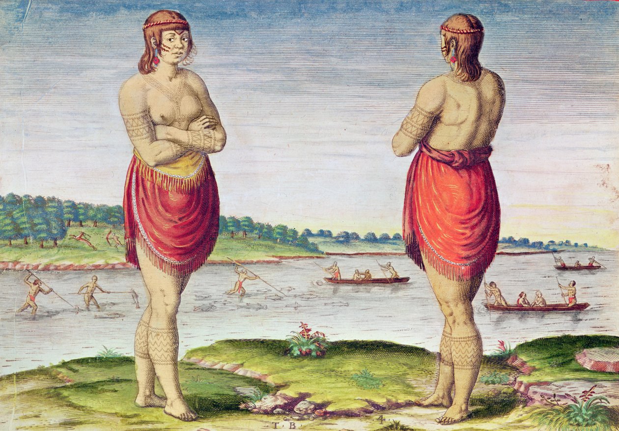एडमिरेंट नारतियो ..., नोबल वुमन ऑफ सिकोटा, वर्जीनिया (पृष्ठ 51), 1585-1588 (रंग उत्कीर्णन) द्वारा थियोडोर डी ब्राय