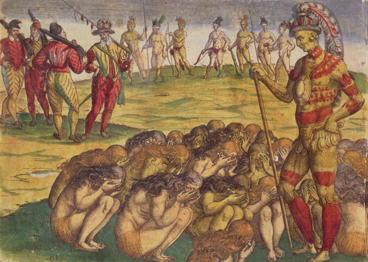 स्पैनिश उपनिवेशवादियों द्वारा एज़्टेक पर कब्जा, पुस्तक चित्रण, c.1550 द्वारा थियोडोर डी ब्राय