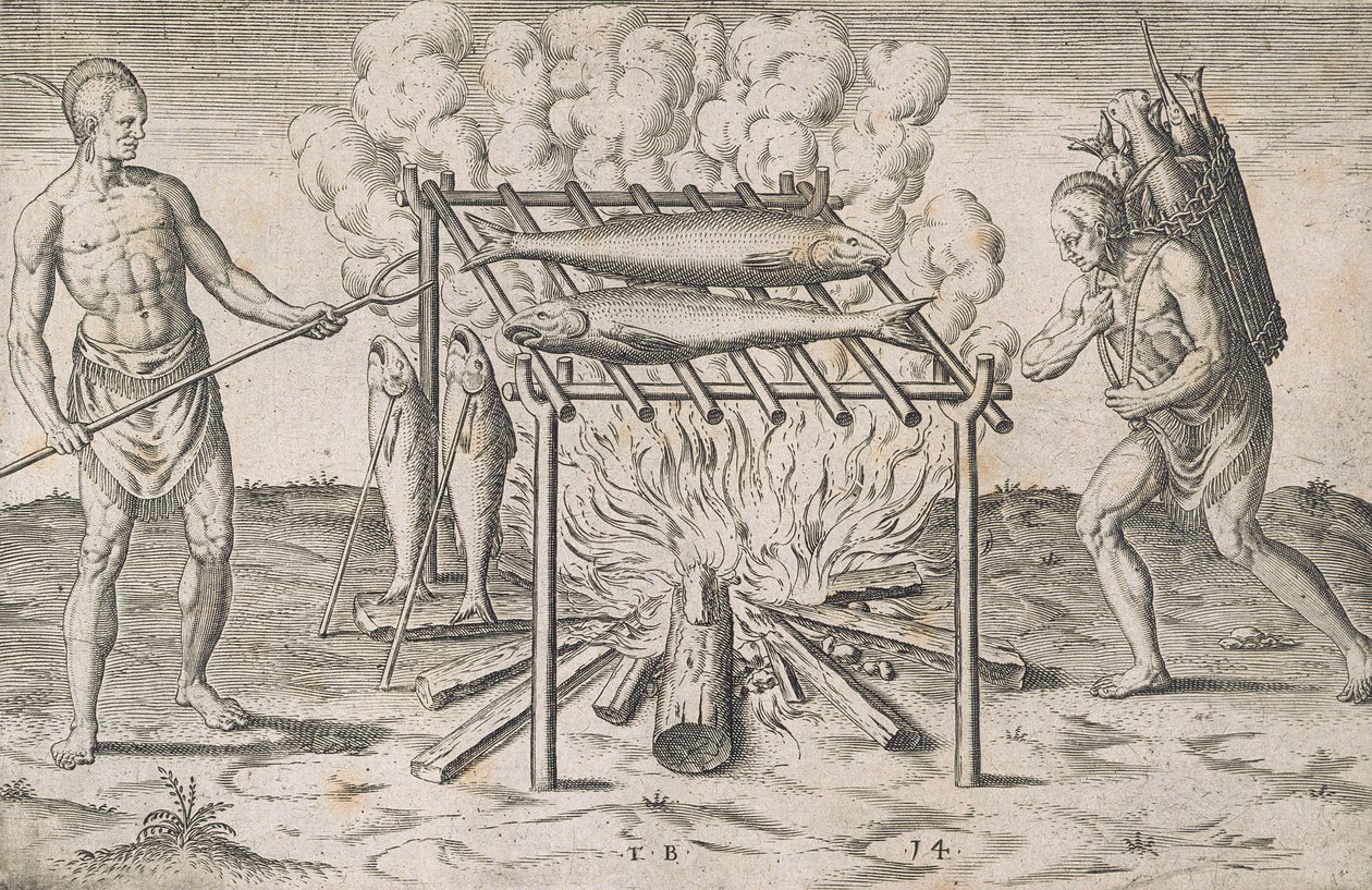 कुकिंग फिश, प्लेट XIII, &39;वर्जीनिया की नई मिली जमीन की एक संक्षिप्त और सच्ची रिपोर्ट, ग्रैंड वॉयेज&39;, जोहान वेचल द्वारा 1600 में छपी द्वारा थियोडोर डी ब्राय