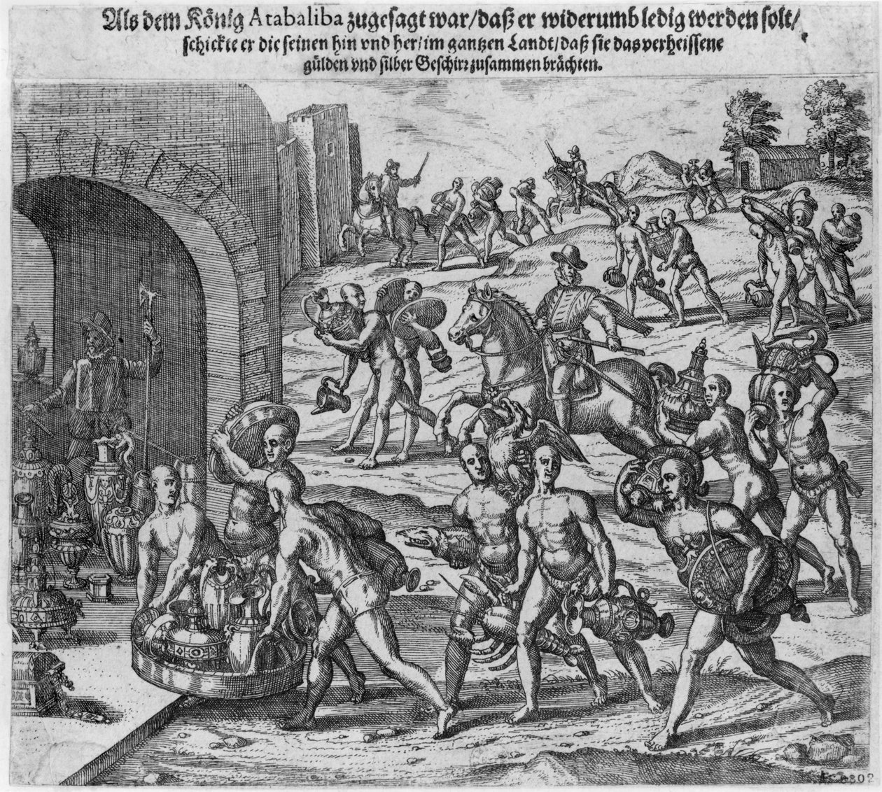 फिरौती किंग अताहुआल्पा (c.1502-33) ने फ्रांसिस्को पिजारो, 1533 को पेश किया द्वारा थियोडोर डी ब्राय