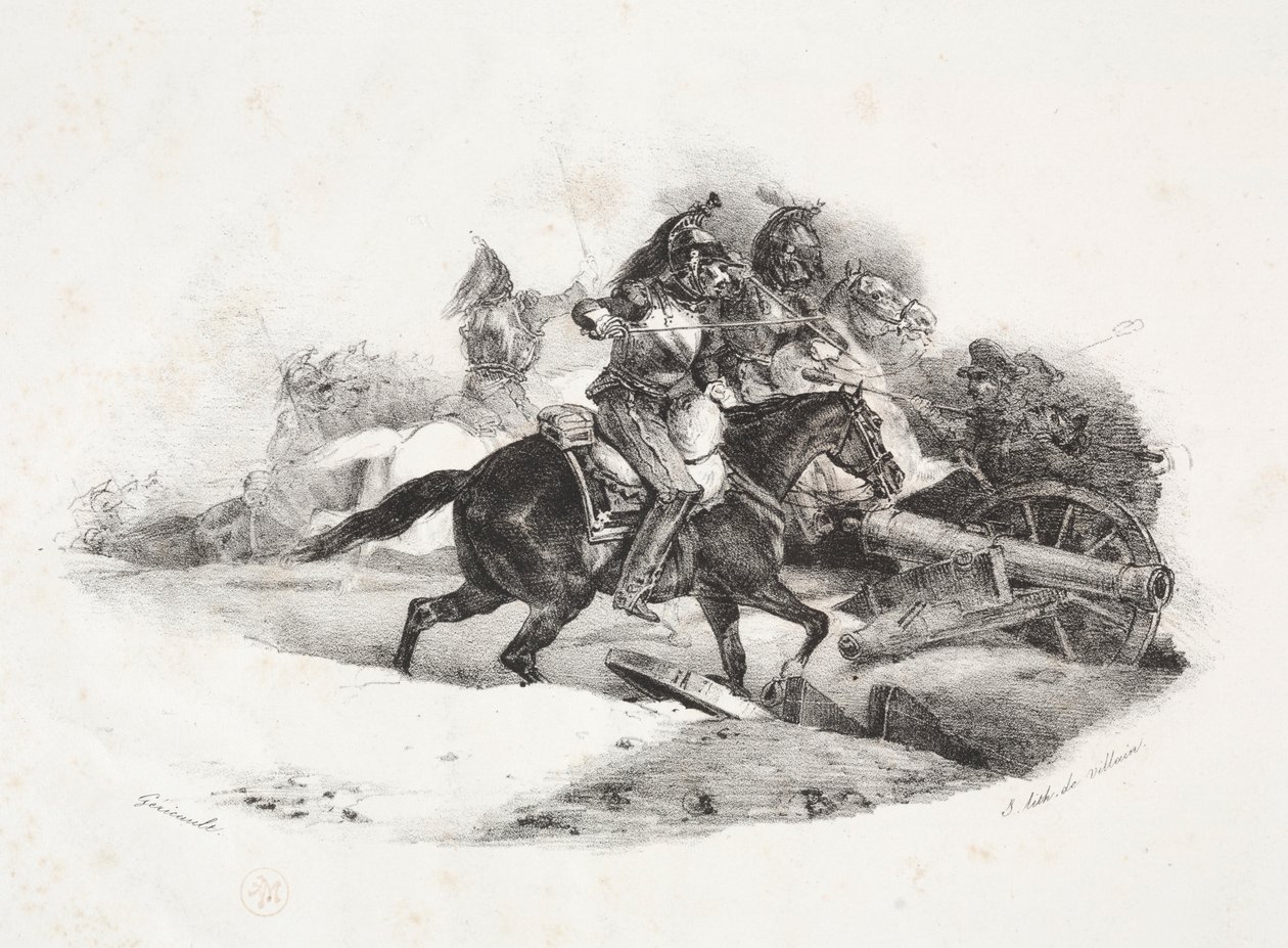 एक तोपखाने की बैटरी चार्ज करने वाले Cuirassiers। द्वारा थियोडोर गेरिकौल्ट
