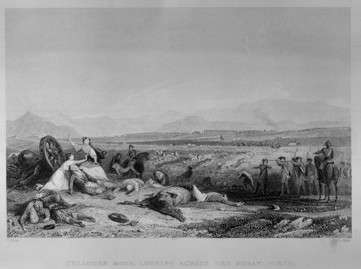 Culloden Moor, Moray Firth, 1746 में देख रहे हैं, जो एच। ग्रिफ़िथ द्वारा उत्कीर्ण है, c.1.130 द्वारा थॉमस एलोम