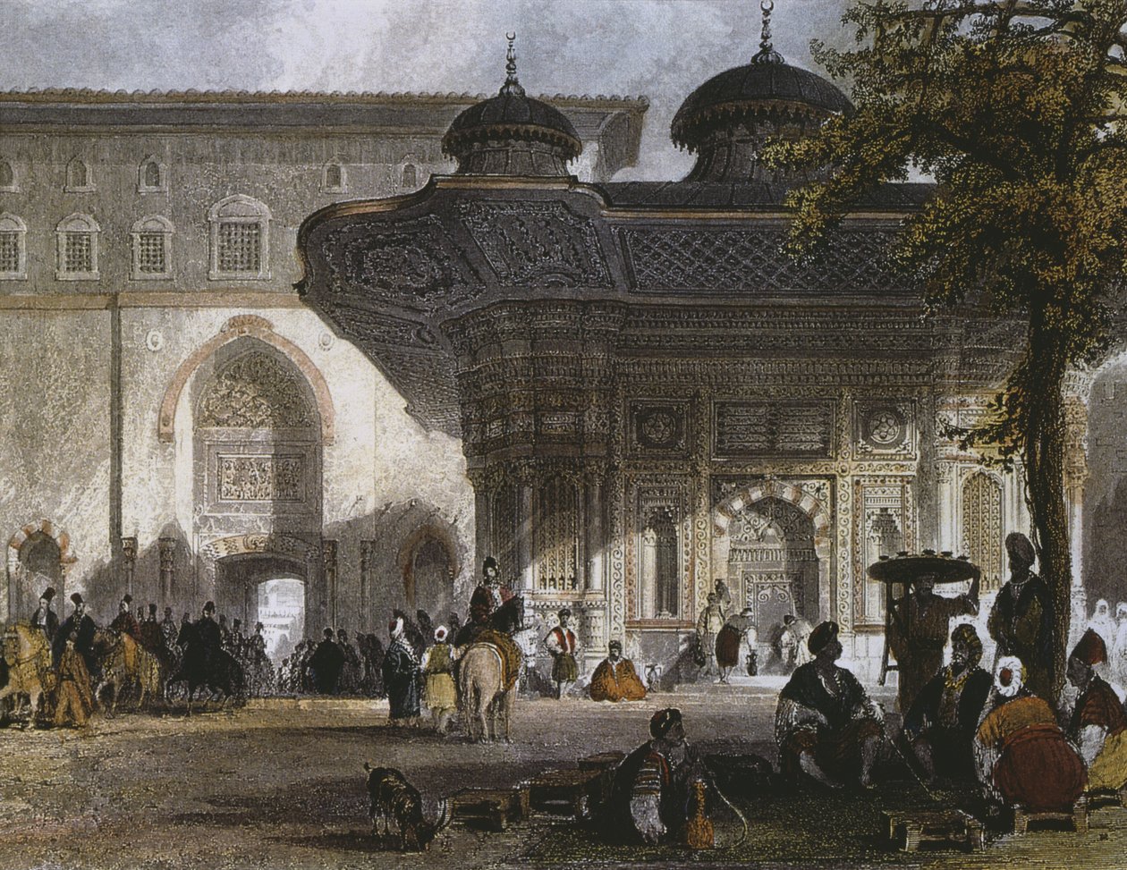 टोपकपी पैलेस का इंपीरियल गेट और सुल्तान अहमद III, इस्तांबुल, 1839 (रंग उत्कीर्णन) का फव्वारा द्वारा थॉमस एलोम