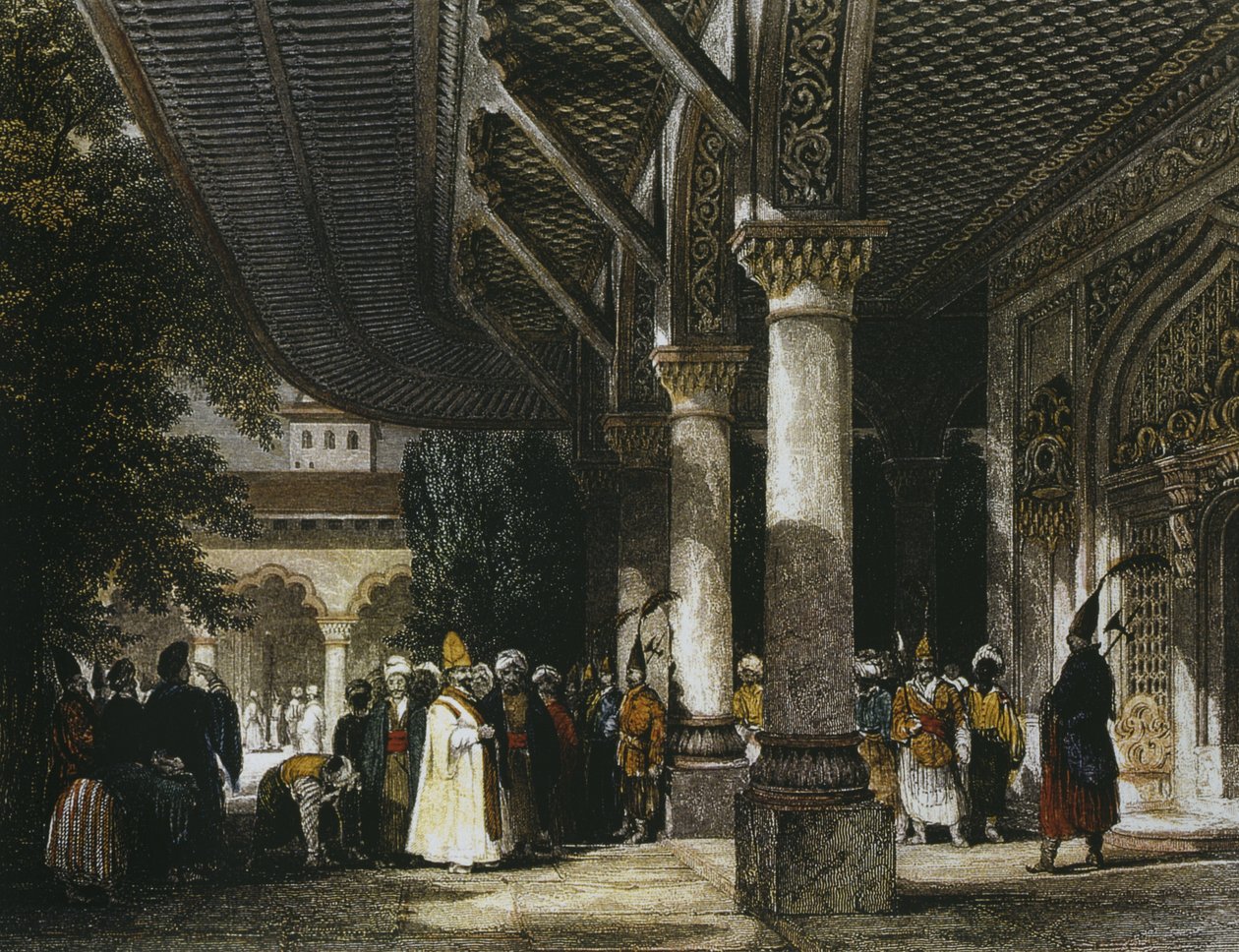 गेट ऑफ़ फ़ेलिसिटी (बाब-ए-सादत) इस्तांबुल, 1839 (रंग उत्कीर्णन) के साथ टोपकपी पैलेस का इंटीरियर द्वारा थॉमस एलोम