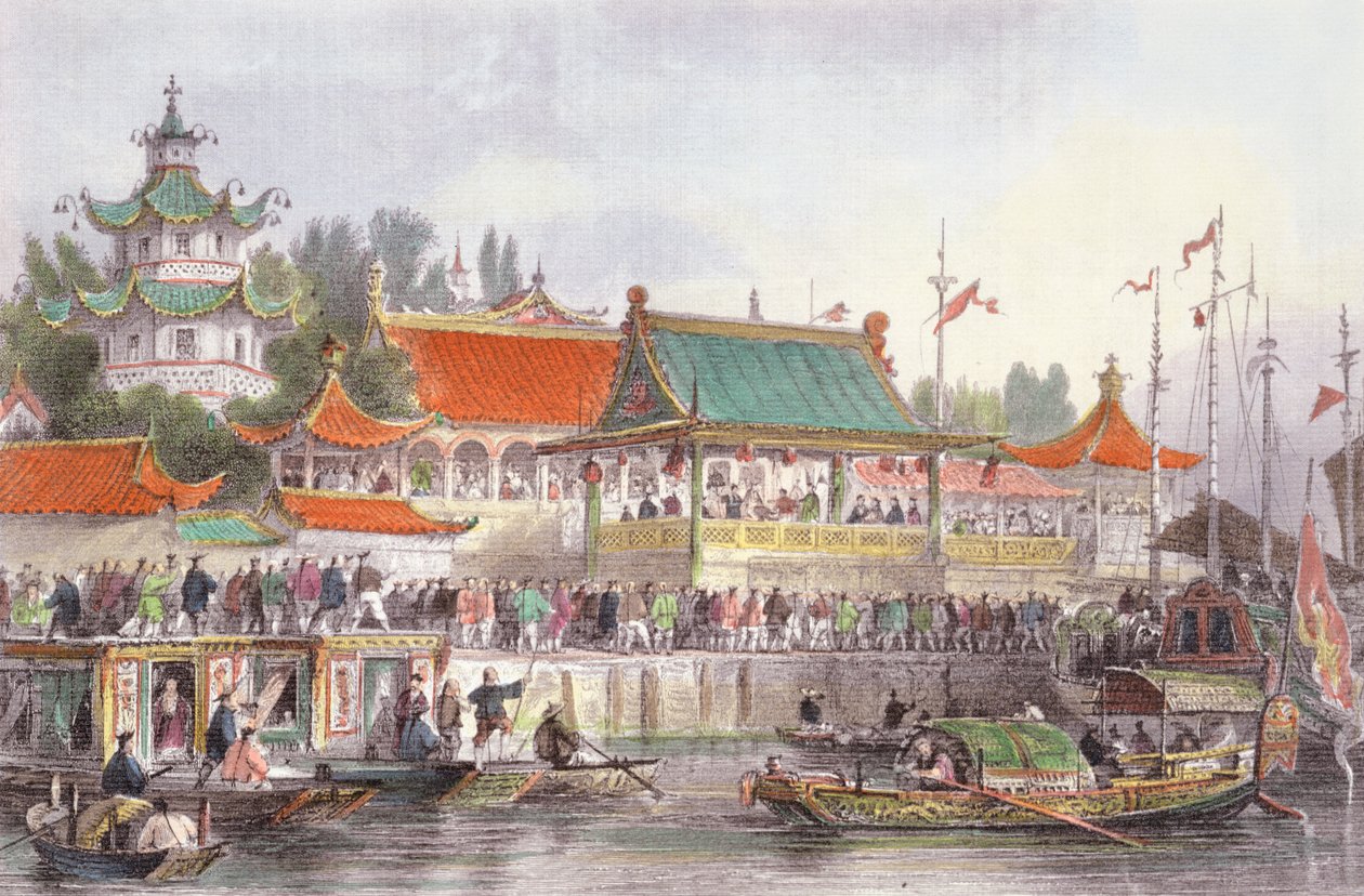 जॉर्ज न्यूएन्हम राइट (c.1790-18007) द्वारा &39;टी सीरीज़ ऑफ़ सीन्स&39; में टीएन-सिंग पर थिएटर द्वारा थॉमस एलोम