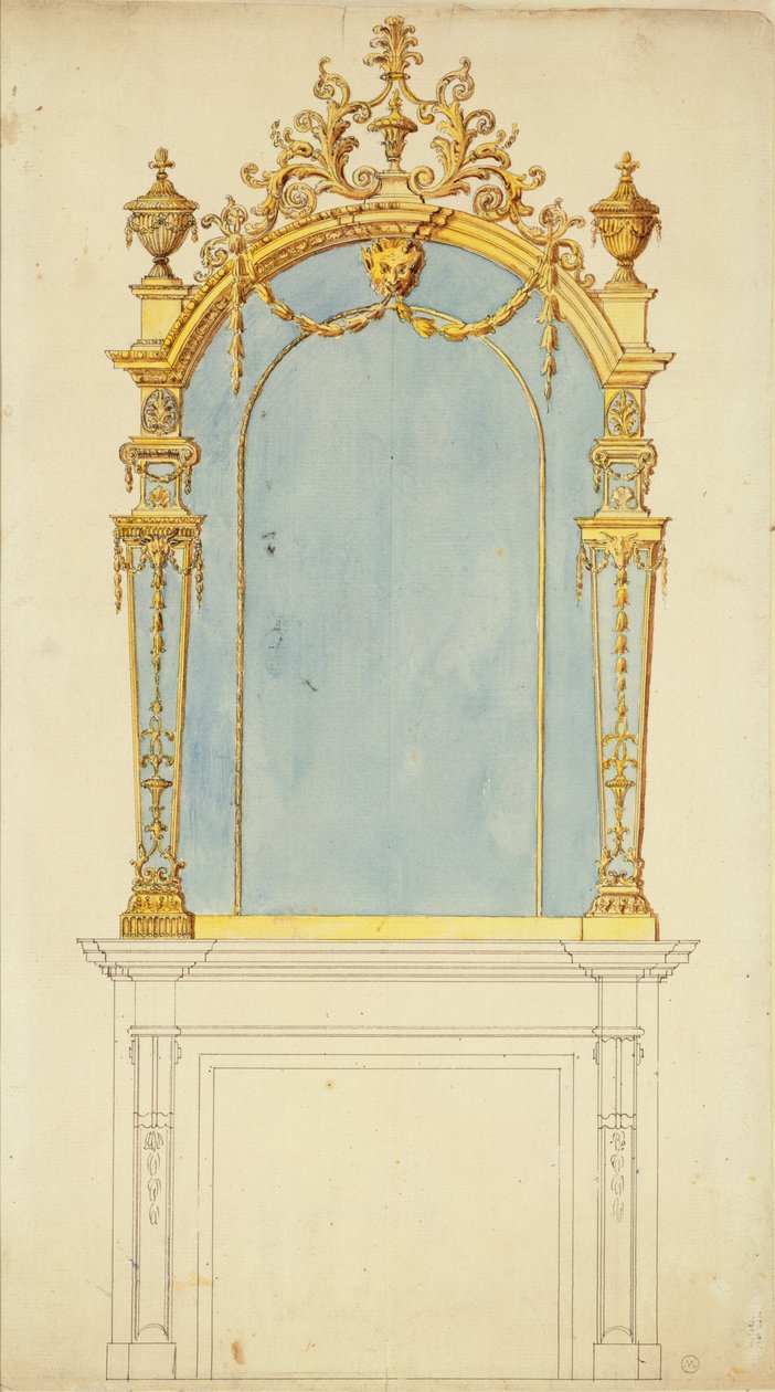 एक गिल्टवुड दर्पण के लिए डिज़ाइन, c.1765-70 (कागज पर wc के साथ पेन und स्याही) द्वारा थॉमस चिप्पेंडेल