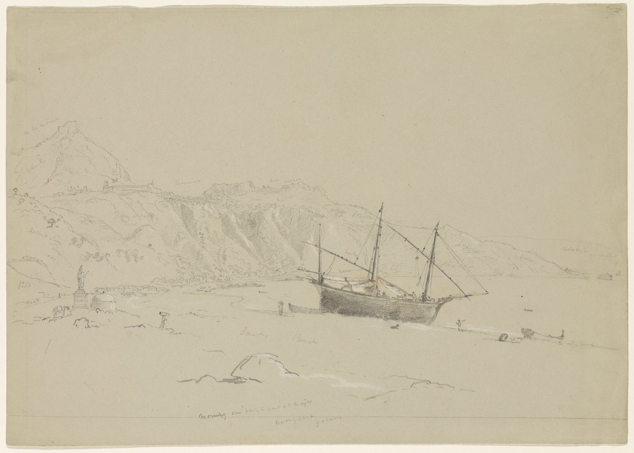 ताओमीना, सिसिली, 1842 के पास एक समुद्र तट पर नाव द्वारा थॉमस कोल