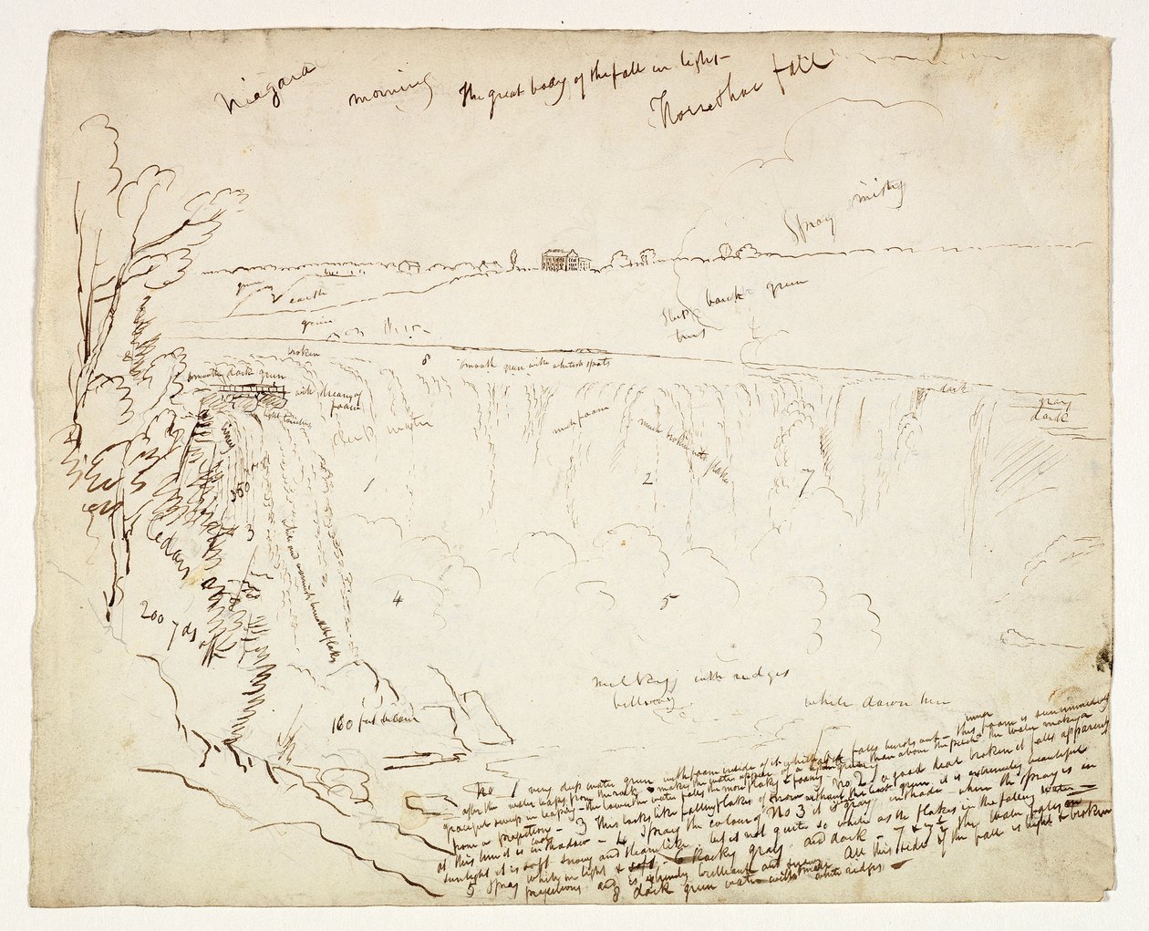 हॉर्सशू फॉल्स, नियाग्रा, मॉर्निंग, c.1829 (ऑफ-व्हाइट वॉव पेपर पर ग्रेफाइट पर पेन और ब्राउन स्याही) द्वारा थॉमस कोल