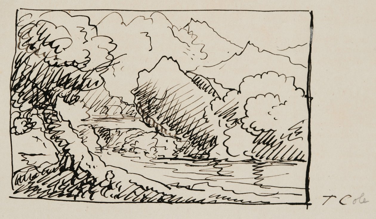 लैंडस्केप स्केच, 1841 (क्रीम वोव पेपर पर कलम और काली स्याही) द्वारा थॉमस कोल