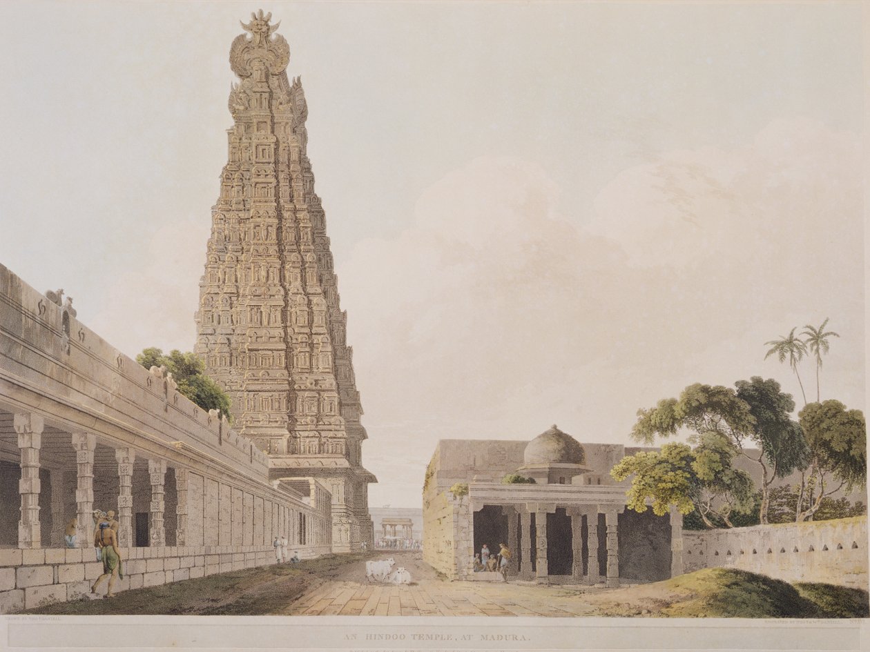 मदुरा में हिंडू मंदिर, ओरिएंटल दृश्यों से प्लेट XVI, 1798 प्रकाशित (रंगीन जलीय) द्वारा थॉमस डेनिएल