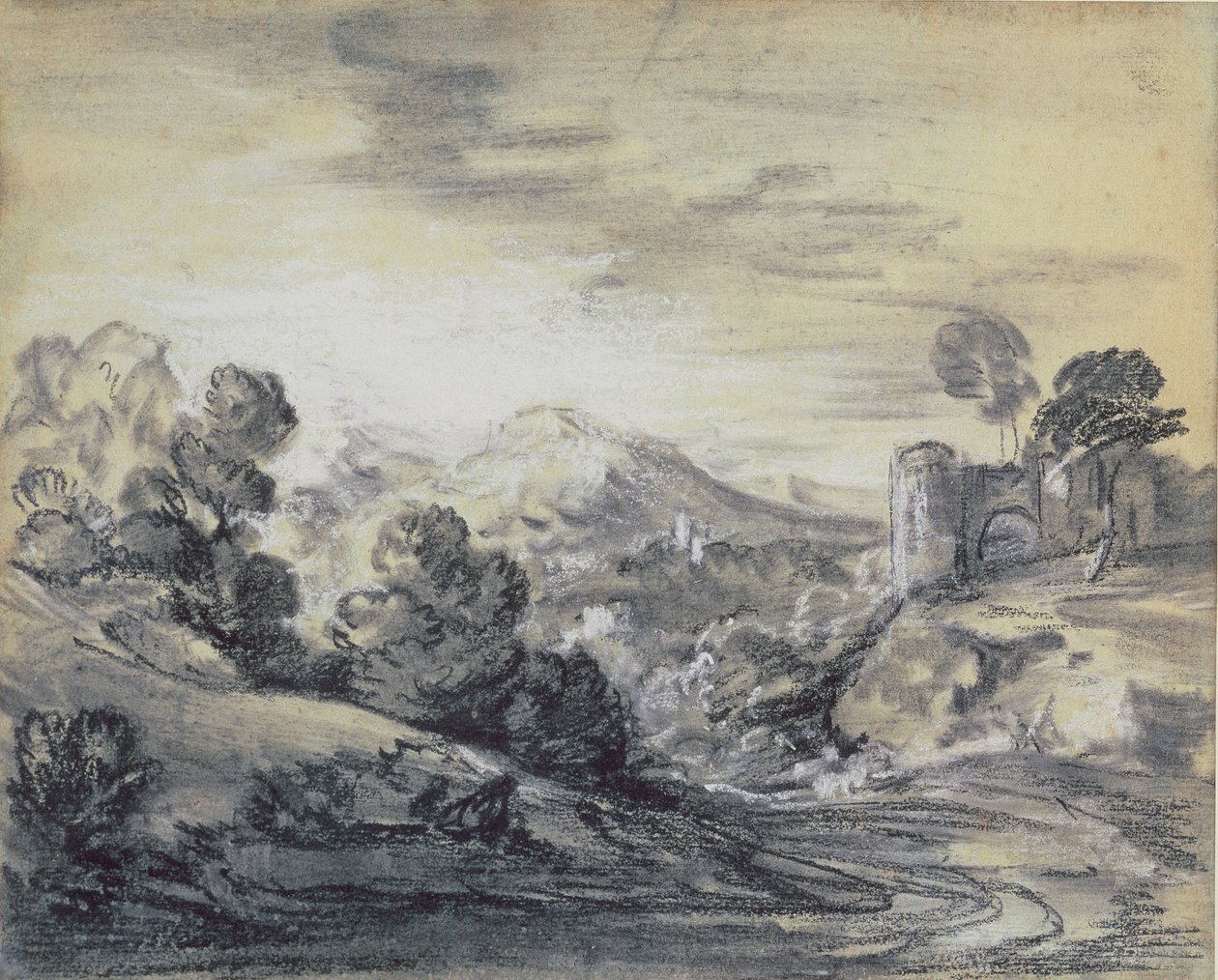 कैसल के साथ वुडन लैंडस्केप, c.1785-88 (रखी कागज पर काले und सफेद चाक) द्वारा थॉमस गेन्सबोरो