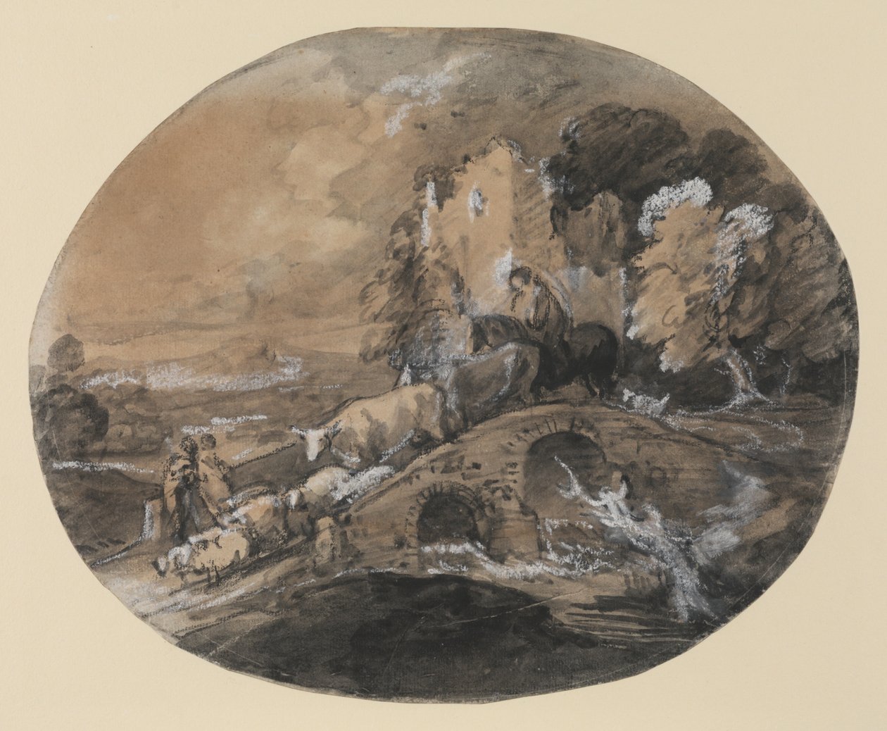 एक पुल, किसानों और एक बर्बाद महल, 1781 (काले स्याही से धोना, काले चाक को कागज पर सफेद रंग से ऊंचा) द्वारा थॉमस गेन्सबोरो