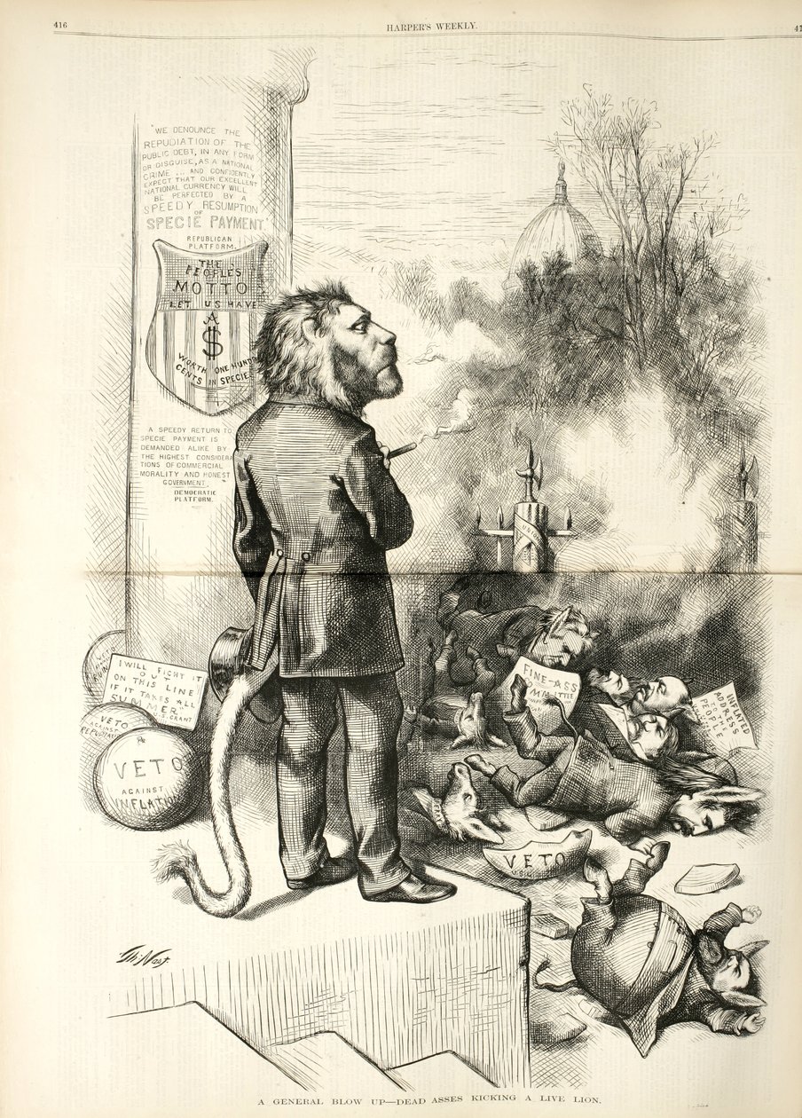 एक जनरल ब्लो अप - डेड एसेस किकिंग ए लिविंग लायन, 1874 (लकड़ी उत्कीर्णन) द्वारा थॉमस नास्ट