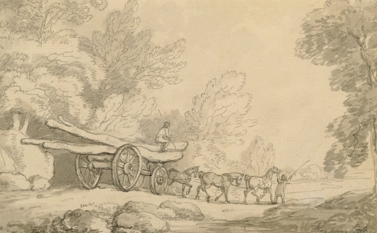 एक टिम्बर वैगन, c.1790 (कागज पर ग्रेफाइट पर वॉश के साथ पेन इन स्याही) द्वारा थॉमस रोलैंड्सन