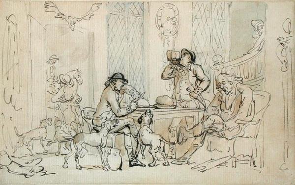 हंट से पहले नाश्ता, c.1785-90 (कागज पर भूरे और नीले धोने के साथ कलम और स्याही) द्वारा थॉमस रोलैंड्सन