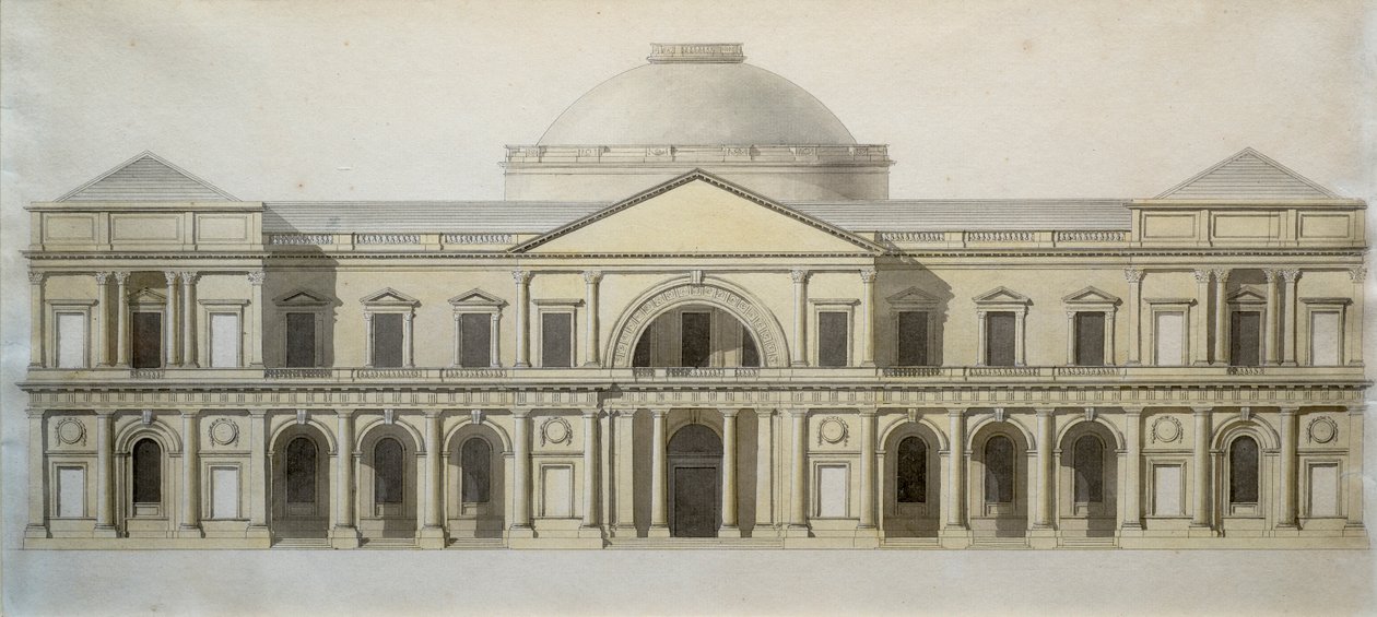 डबलिन में रॉयल एक्सचेंज बिल्डिंग के लिए प्रतियोगिता डिजाइन, c.1769 (कागज पर रंगीन धोने के साथ कलम और स्याही) द्वारा थॉमस सैंडबी