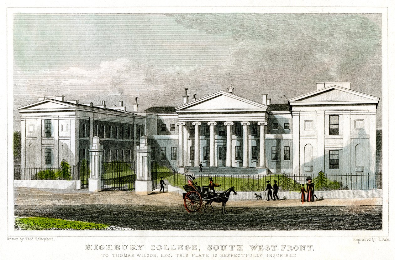 हाईबरी कॉलेज, दक्षिण-पश्चिम मोर्चा, इस्लिंगटन, लंदन, 1827। द्वारा थॉमस डेल