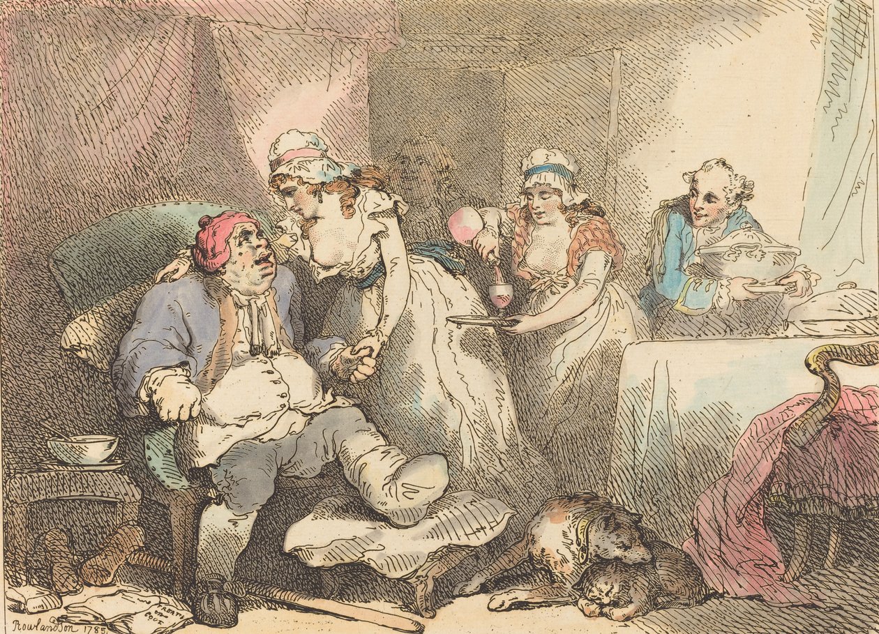 गाउट में आराम, 1785। द्वारा थॉमस रोलैंड्सन