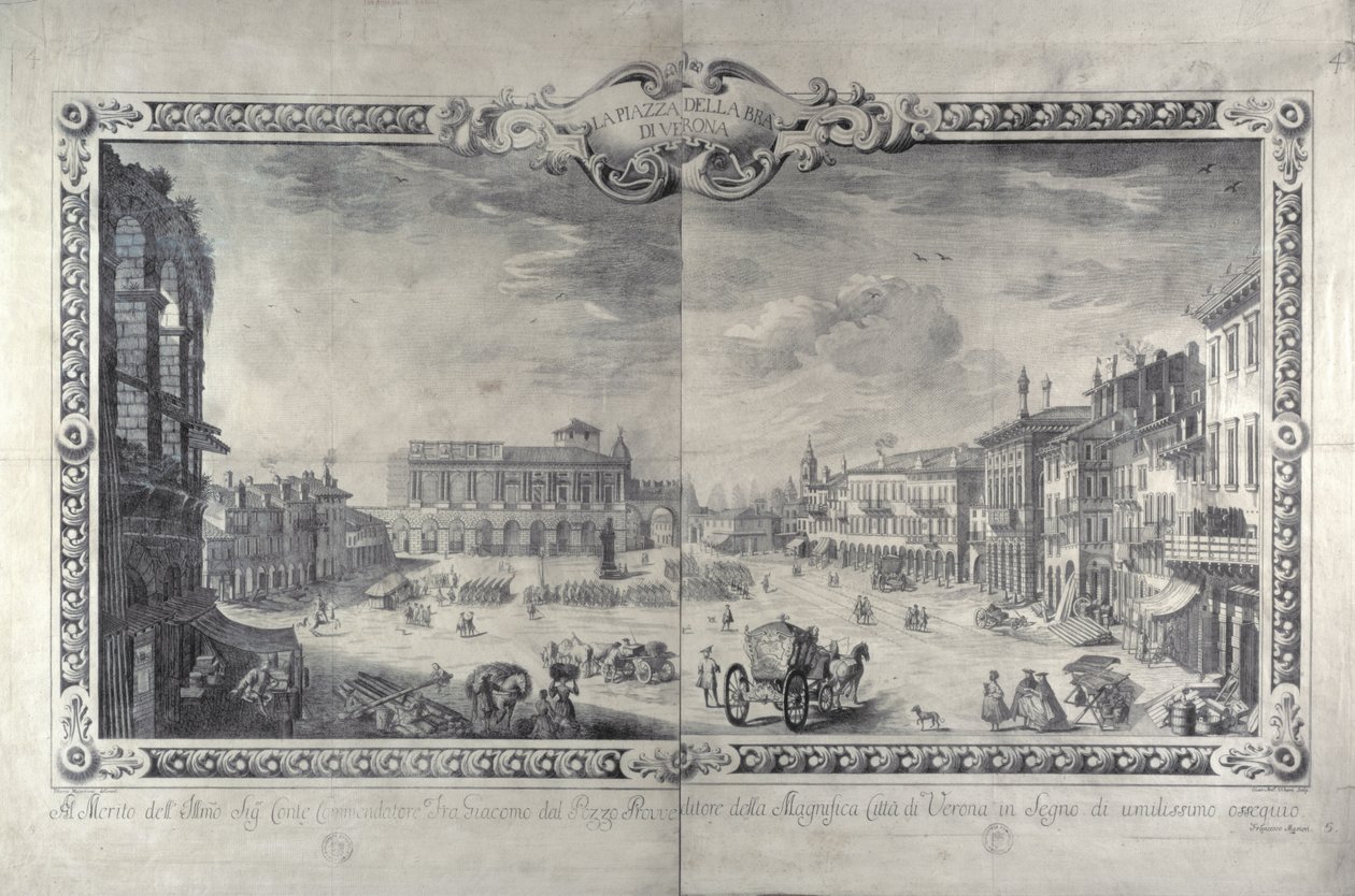 पिआँज़ा डेला ब्रा, वेरोना, गियानेंटोनियो उरबानी द्वारा उत्कीर्ण, c.1700 द्वारा तिबरियो माजरोनी