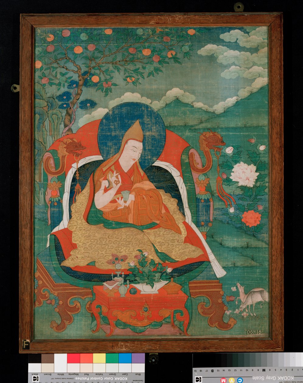 थंगका पेंटिंग, जो कि लैमिज़्म, गेलुप्पा लामा, c.1700-1825 (कैनवास पर डिस्टेंपर) की पीली टोपी संप्रदाय के पिता को दर्शाती है द्वारा तिब्बती स्कूल