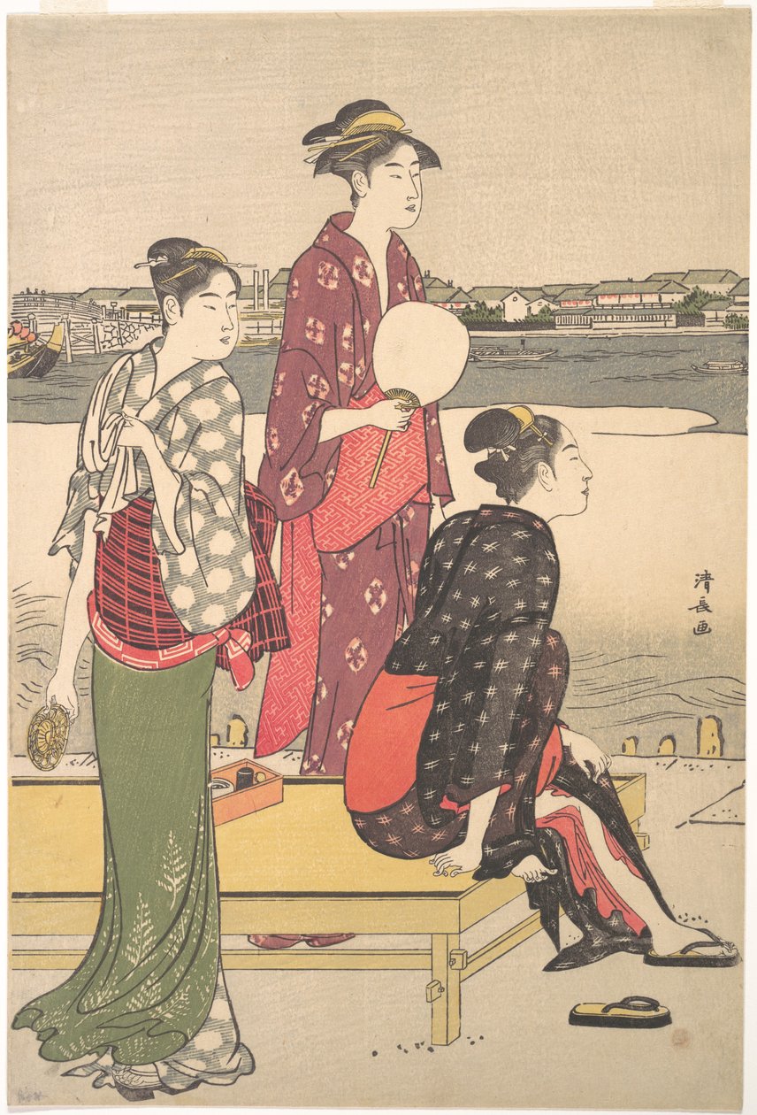 Toriy Kiyonaga द्वारा तीन सुंदरियों के Ukiyo-e पूर्ण-रंग प्रिंट द्वारा तोरी कियोनगा