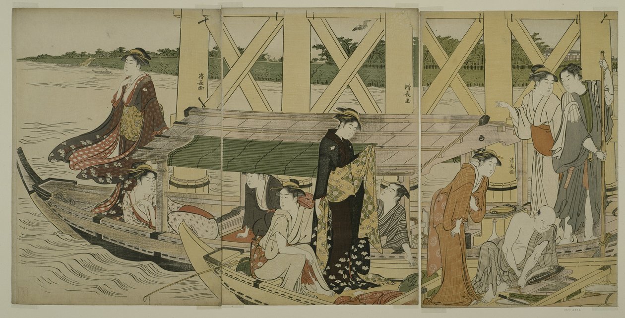 अजूमा ब्रिज के नीचे की ओर सुखी नावें, c.1784 द्वारा तोरी कियोनगा