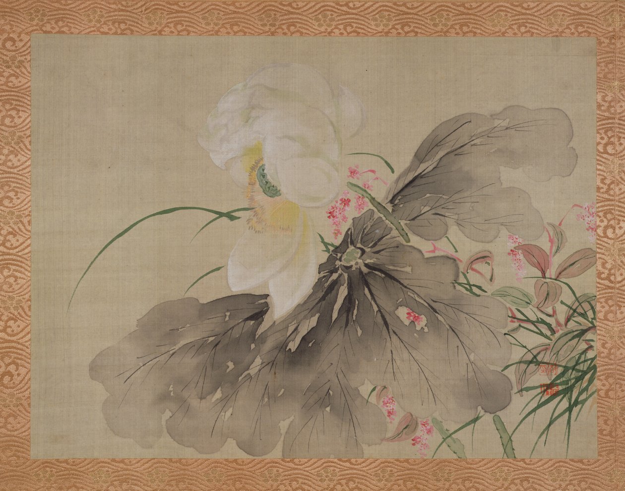 Peony ट्री और जापानी केकड़े सेब का पेड़, फूल के साथ, 1851 (रेशम पर पानी का रंग) द्वारा त्सुबाकी चिनज़ान