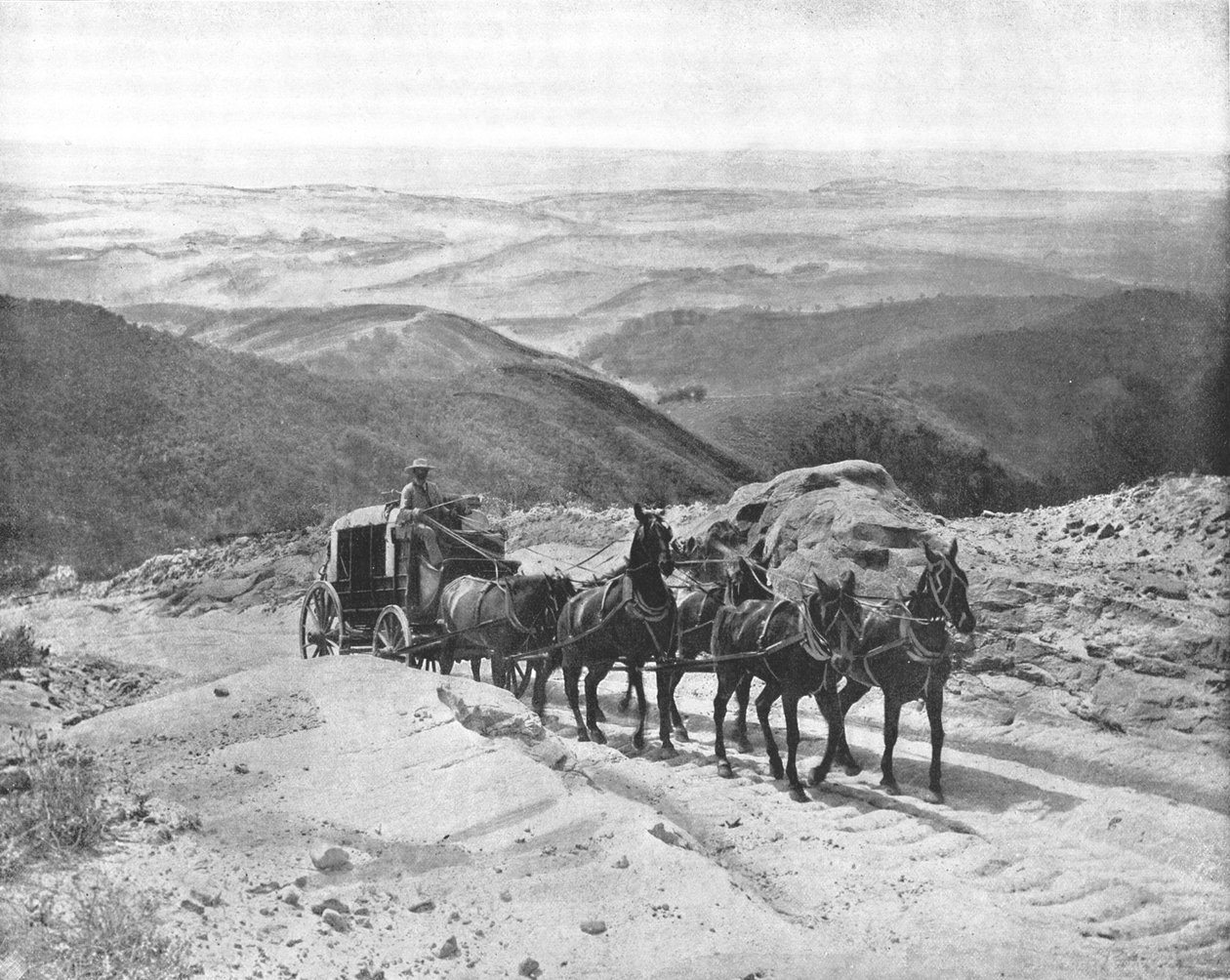 सैन मार्कोस दर्रा, कैलिफोर्निया, संयुक्त राज्य अमेरिका को पार करते हुए c1900। द्वारा अज्ञात