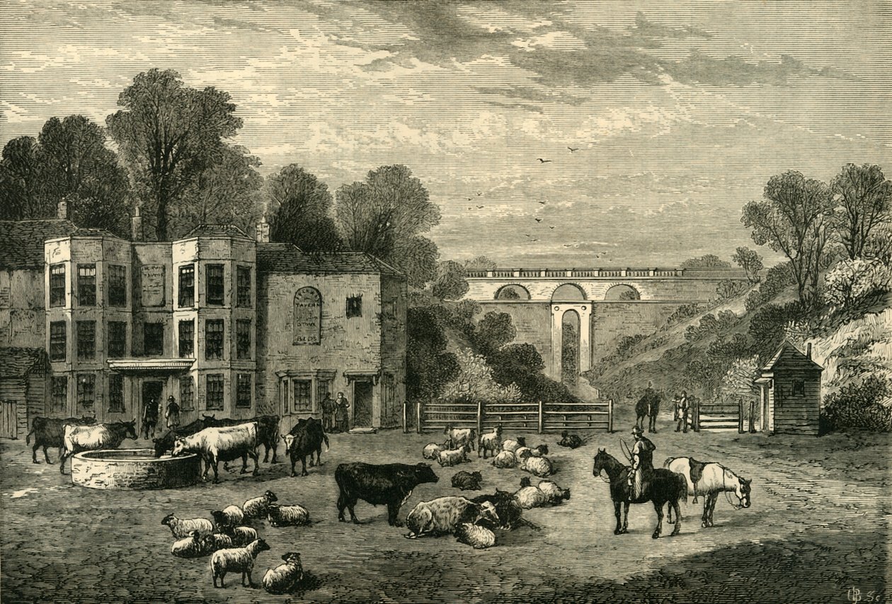 1825 में हाईगेट आर्चवे गेट और टैवर्न, c1876। द्वारा अज्ञात