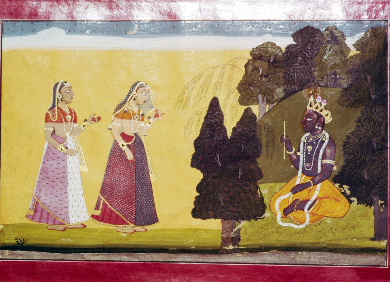 दो महिलाएं बांसुरी के साथ कृष्ण के पास पहुंचीं द्वारा अज्ञात