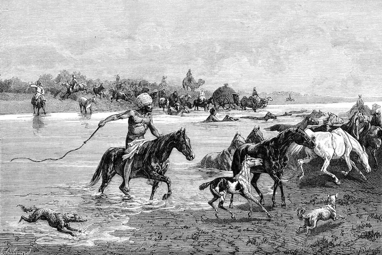 किर्गिज़ एक नदी को पार करते हुए, किर्गिस्तान, 1895 द्वारा अज्ञात