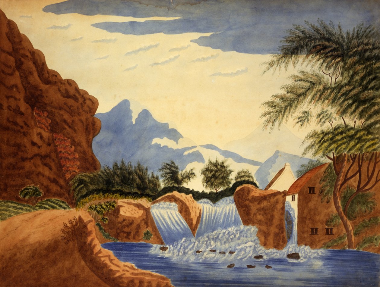 माउंटेन सीन और वॉटरव्हील, सीए। 1820-1870. द्वारा अज्ञात