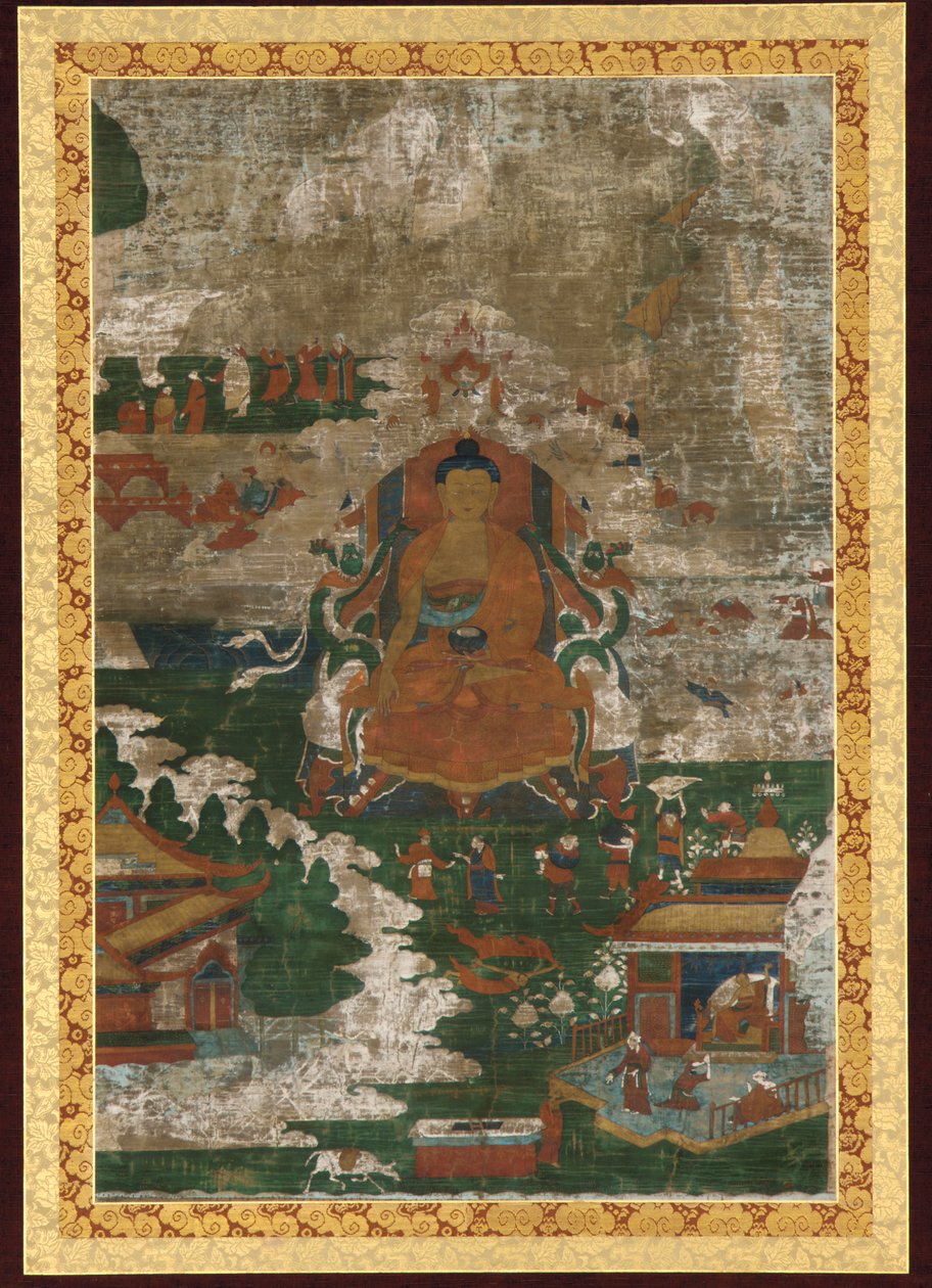 शाक्यमुनि सिंहासनारूढ़, और जीवनी संबंधी दृश्य, 18वीं शताब्दी। द्वारा अज्ञात