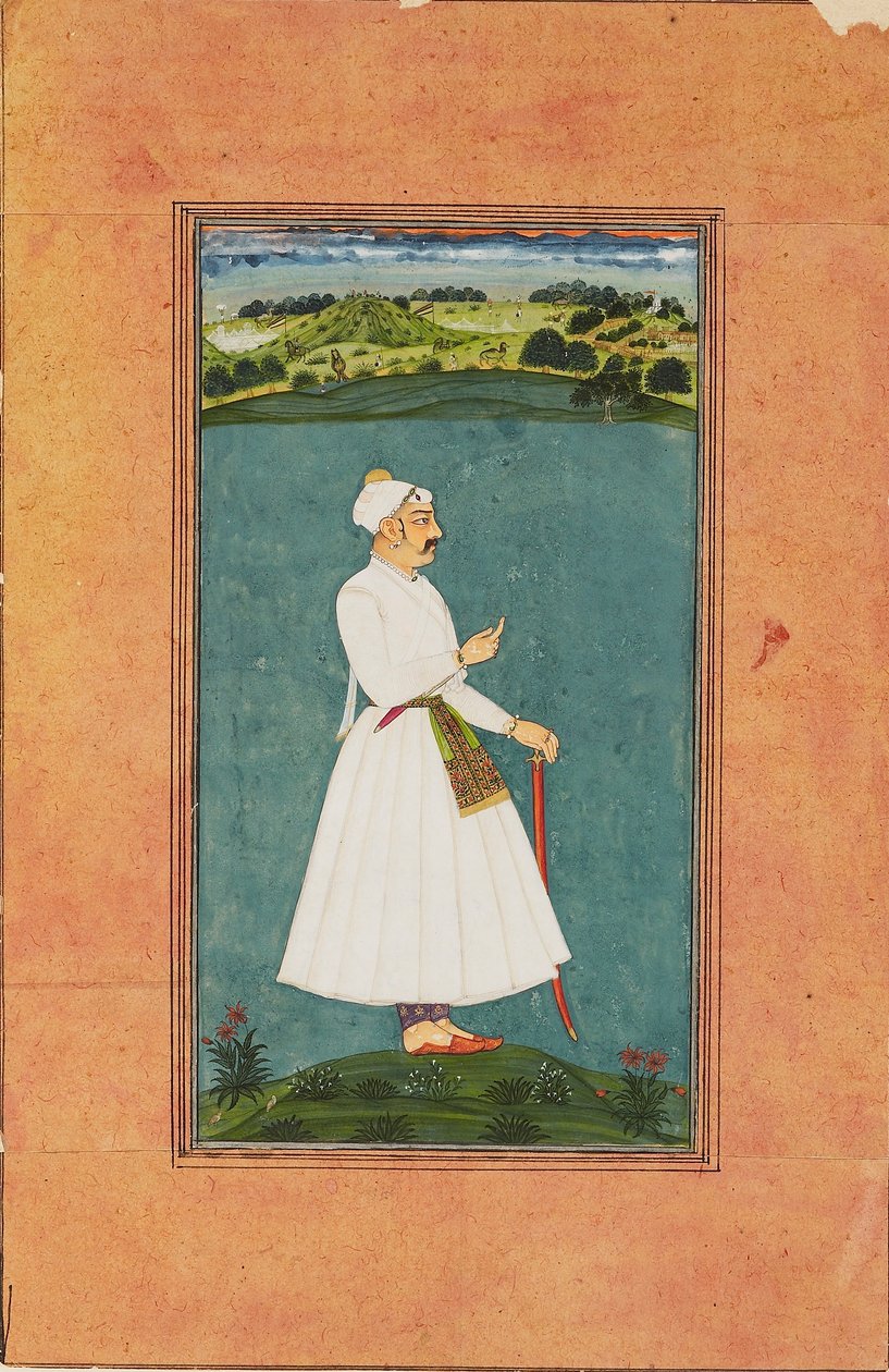 सवाई जय सिंह एक परिदृश्य में खड़े हैं, c1730 द्वारा अज्ञात