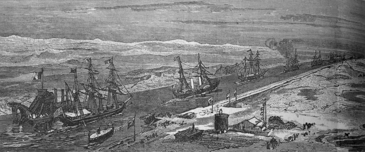 स्वेज नहर से गुजरने वाली भाप-जहाज, c1882 द्वारा अज्ञात