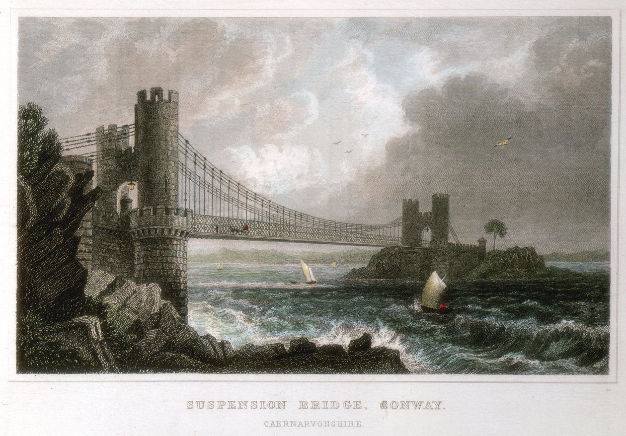 Conwy मुहाना, वेल्स, 1818 में सस्पेंशन ब्रिज द्वारा अज्ञात