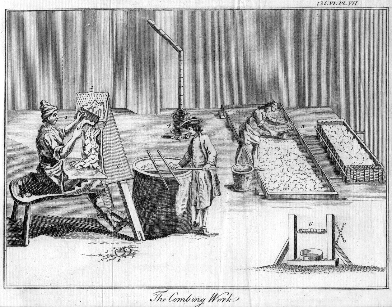 द कॉम्बिंग वर्क, c1750 द्वारा अज्ञात