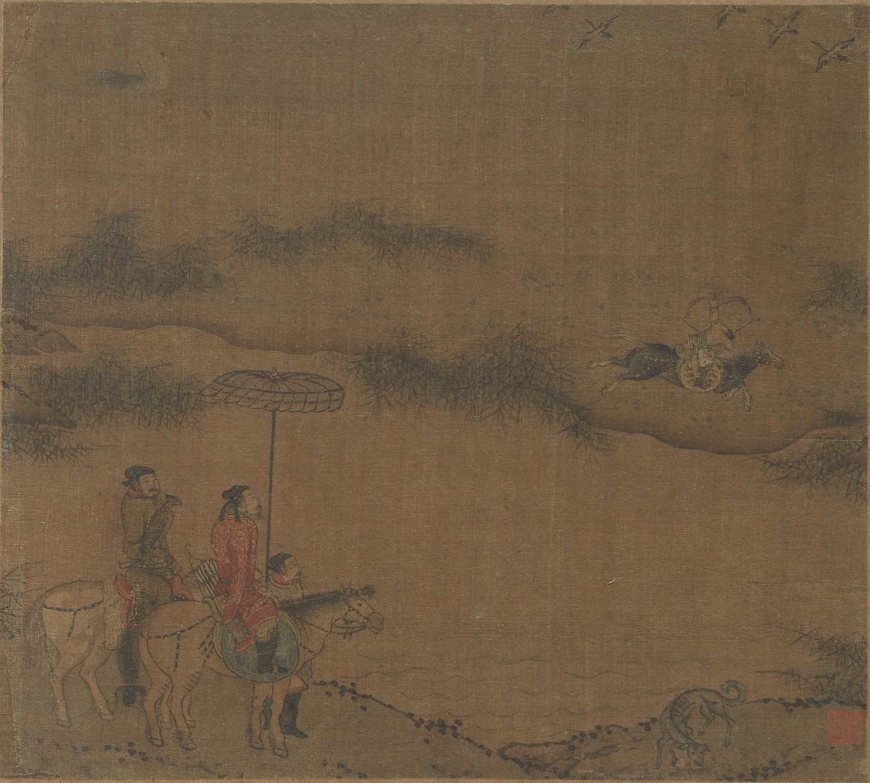 वाइल्ड गीज़ का शिकार करने वाले तीन घुड़सवार, 960-1279। द्वारा अज्ञात