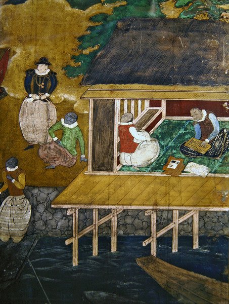 जापान में पुर्तगालियों का आगमन, एक नंबन ब्योबू स्क्रीन से, 1594-1618 तक, स्टिल्ट्स पर एक घर का विस्तार द्वारा अज्ञात अज्ञात
